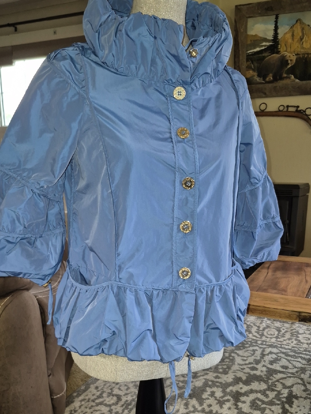 Light Blue Ruffled Short Puffer Jacket with Silver-Tone Buttons
